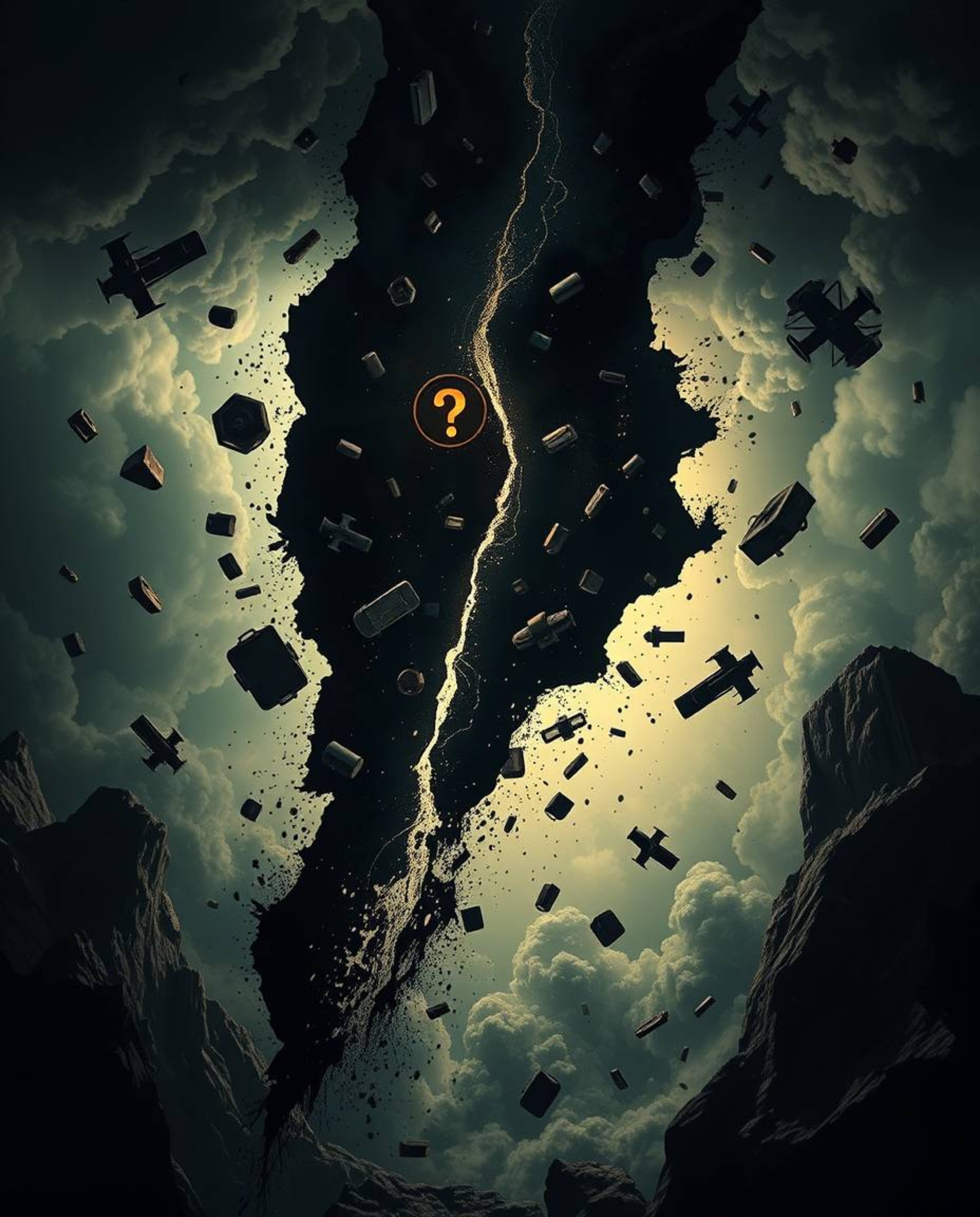 Experience a surreal storm where gravity is shattered and objects take flight, all rendered with dramatic chiaroscuro lightin