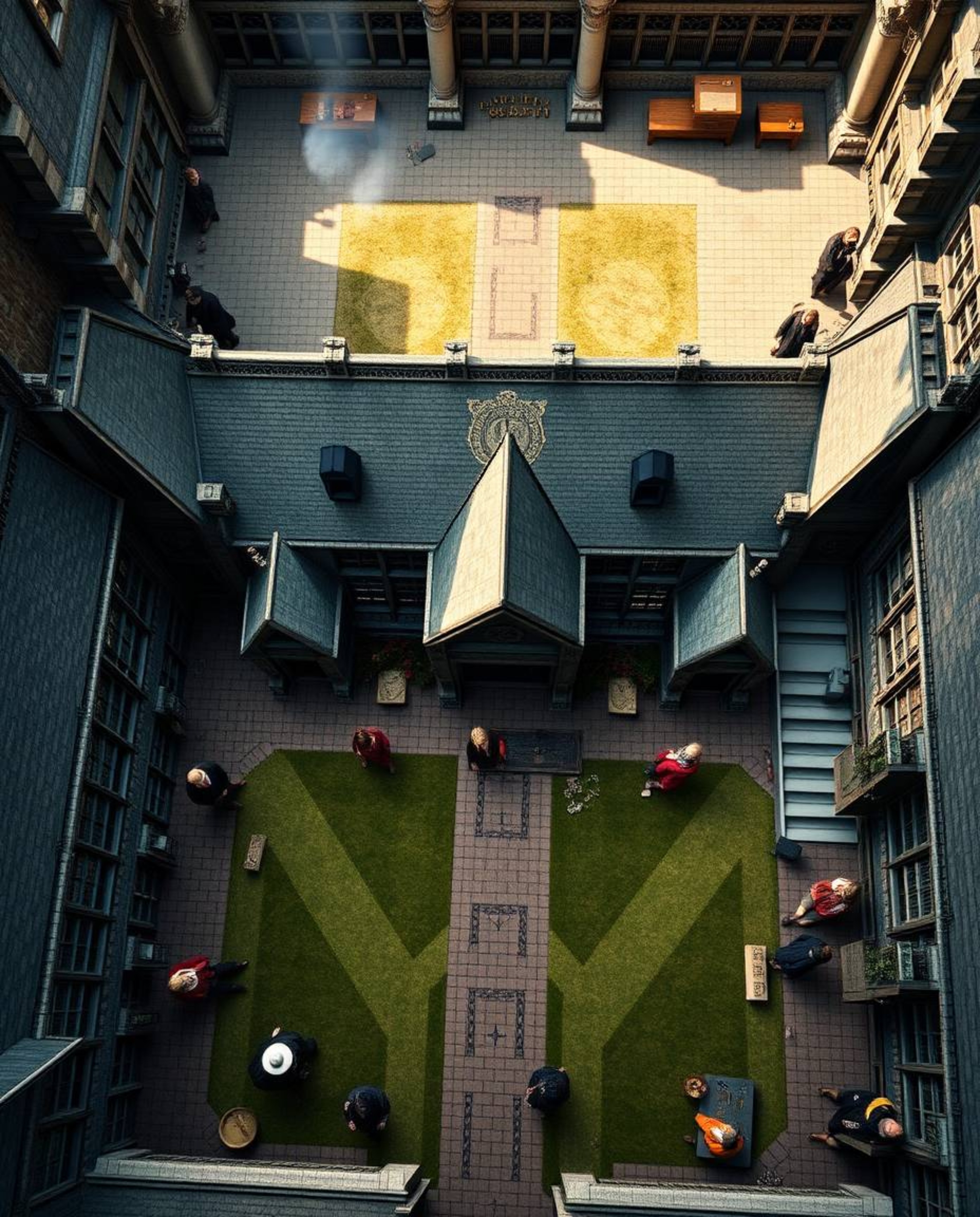 Explore a captivating magical school brimming with young wizards, presented from a stunning bird's-eye perspective. This deta