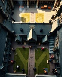 Explore a captivating magical school brimming with young wizards, presented from a stunning bird's-eye perspective. This deta