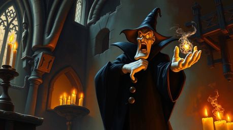 A captivating classic oil painting depicts a classic Disney villain casting a spell within the aged walls of an old castle.