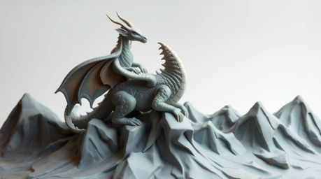 A breathtaking sculptural clay artwork depicts a graceful dragon and its rider soaring above a majestic, icy mountain range. 