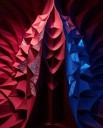 A stunning layered papier-mâché sculpture in rich burgundy and deep blue, visualizing a futuristic digital interface. The pie