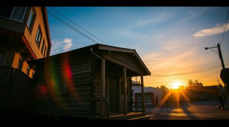 Capturing a candid street photography style, this image portrays a vibrant and energetic scene of an old wooden cabin bathed 
