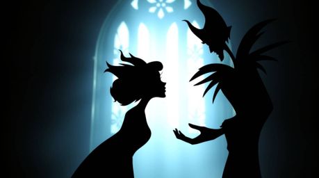 A captivating silhouetted image showcases a classic Disney villain with refined and elegant features, engrossed in casting a