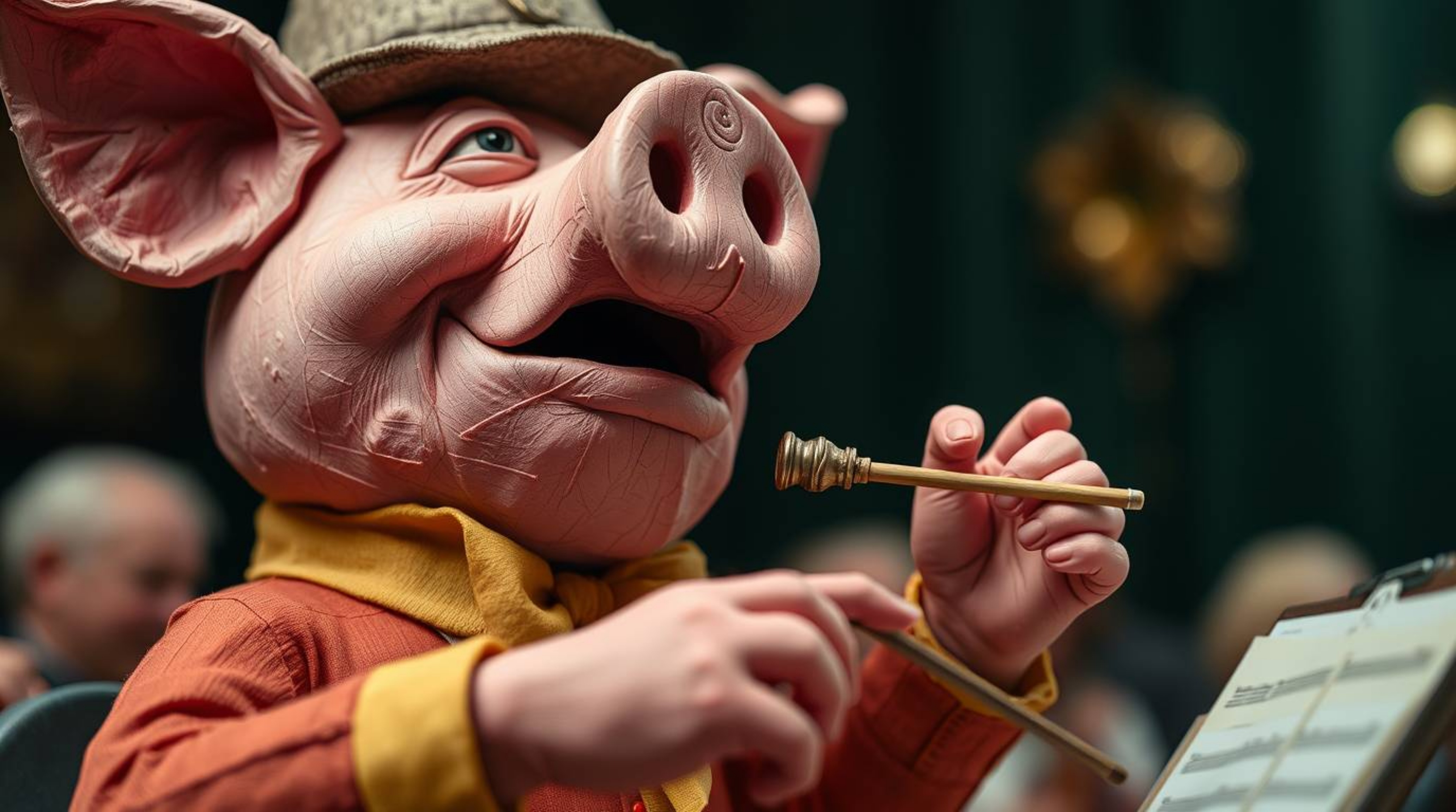 A captivating close-up shot showcases a meticulously sculpted pig character energetically conducting an orchestra. The figure