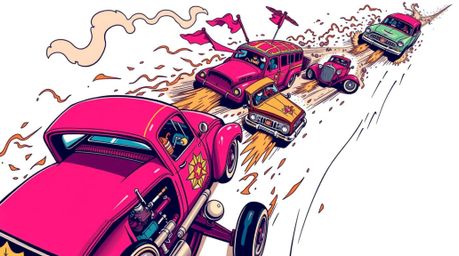 This vibrant and unique high-angle art print features a wacky racing scene with outlandish cars depicted in the style of a tr
