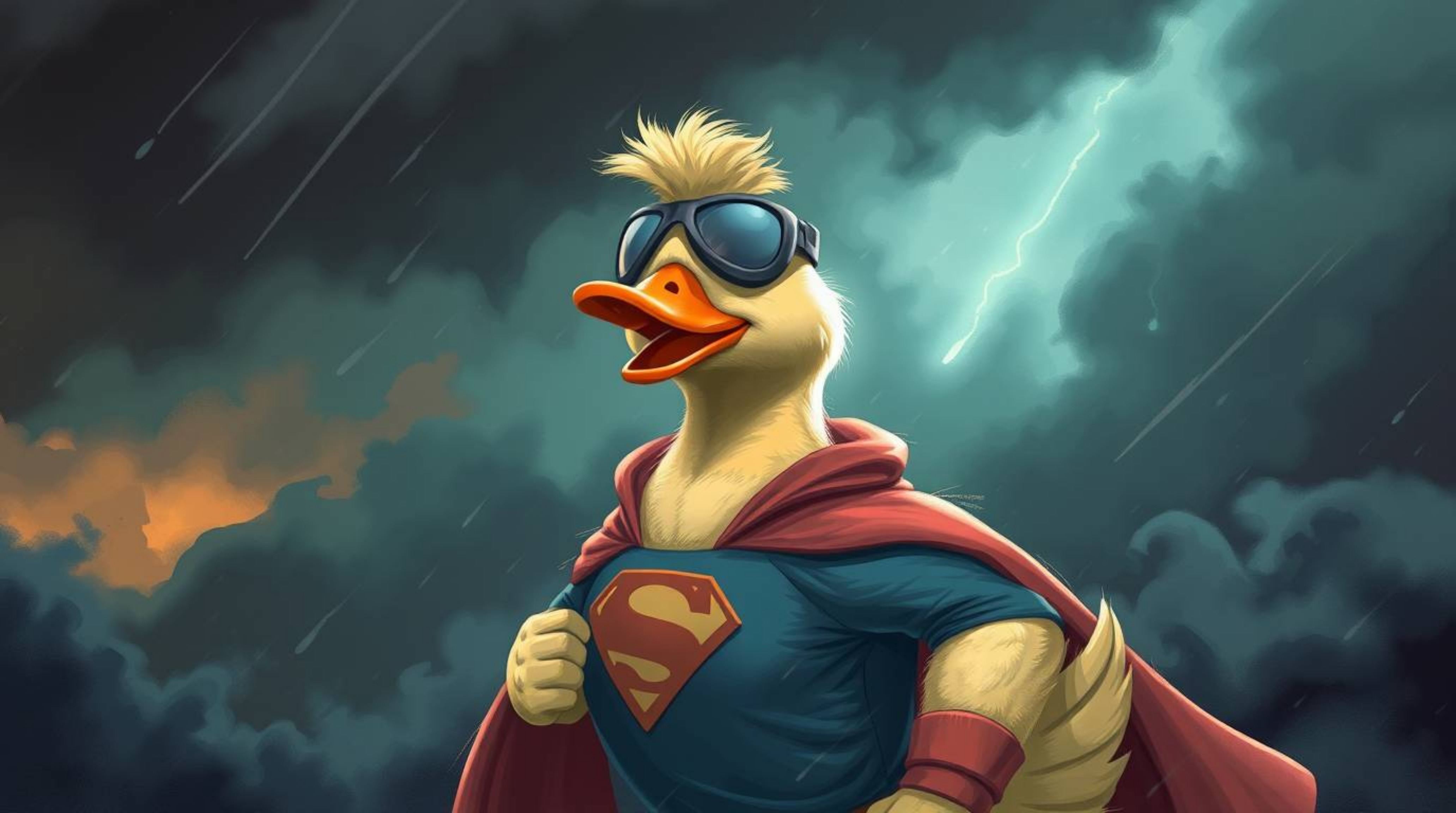 Explore a whimsical and unsettling digital illustration of a duck donning a zany superhero costume amidst a dramatic, stormy 
