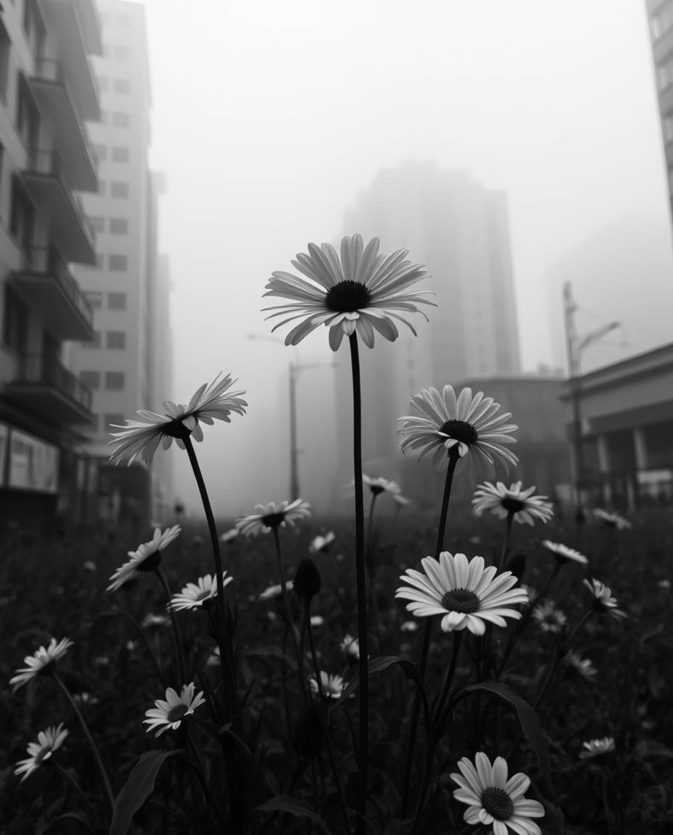 Explore the surreal beauty of classic black and white flowers blooming amidst the ruins of a post-apocalyptic city shrouded i