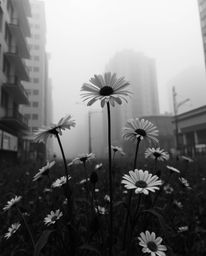 Explore the surreal beauty of classic black and white flowers blooming amidst the ruins of a post-apocalyptic city shrouded i