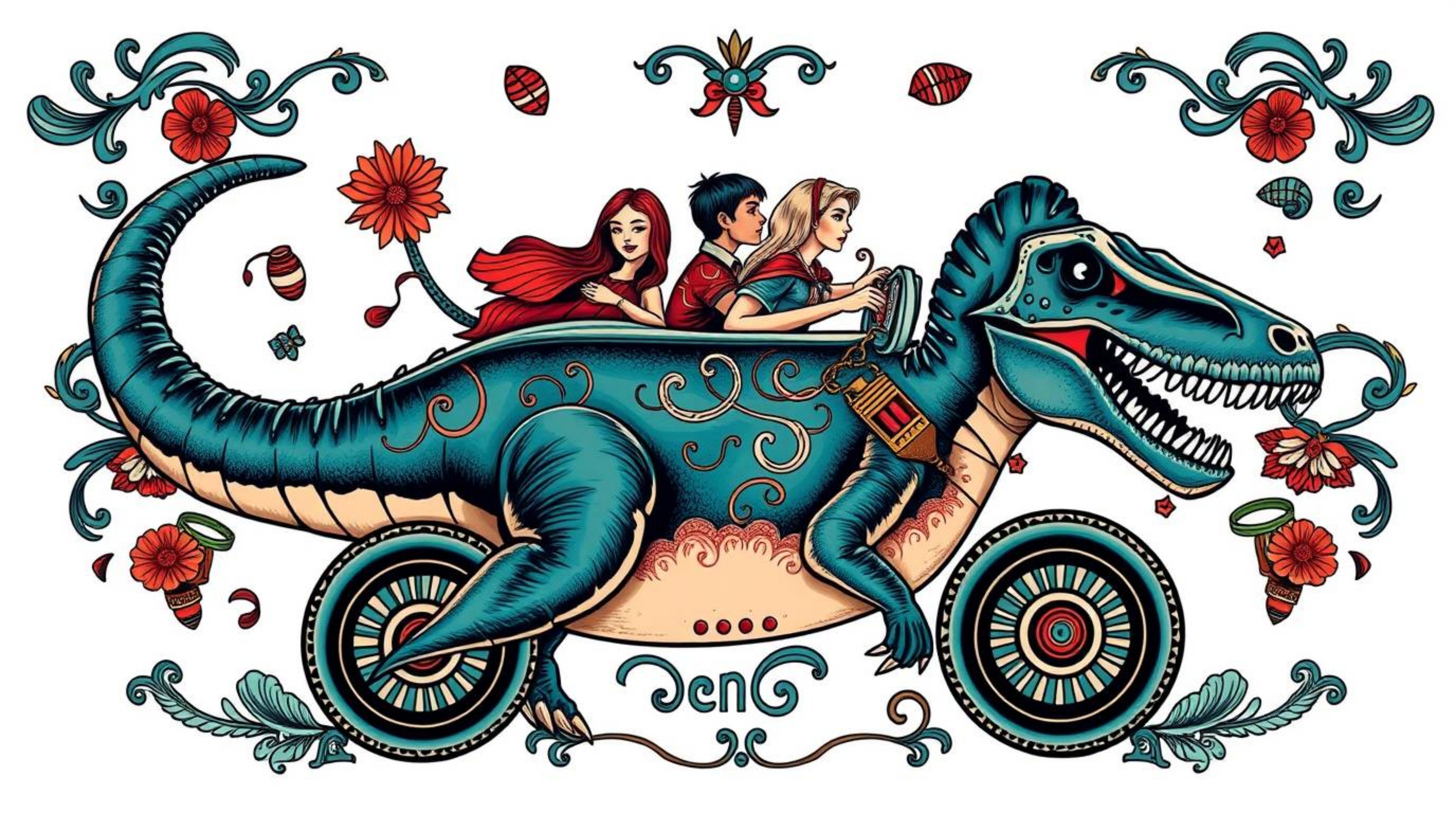 A unique and symbolic traditional tattoo art print showcases a prehistoric family enjoying a ride in a dinosaur car.  Rendere
