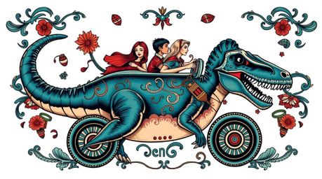 A unique and symbolic traditional tattoo art print showcases a prehistoric family enjoying a ride in a dinosaur car.  Rendere