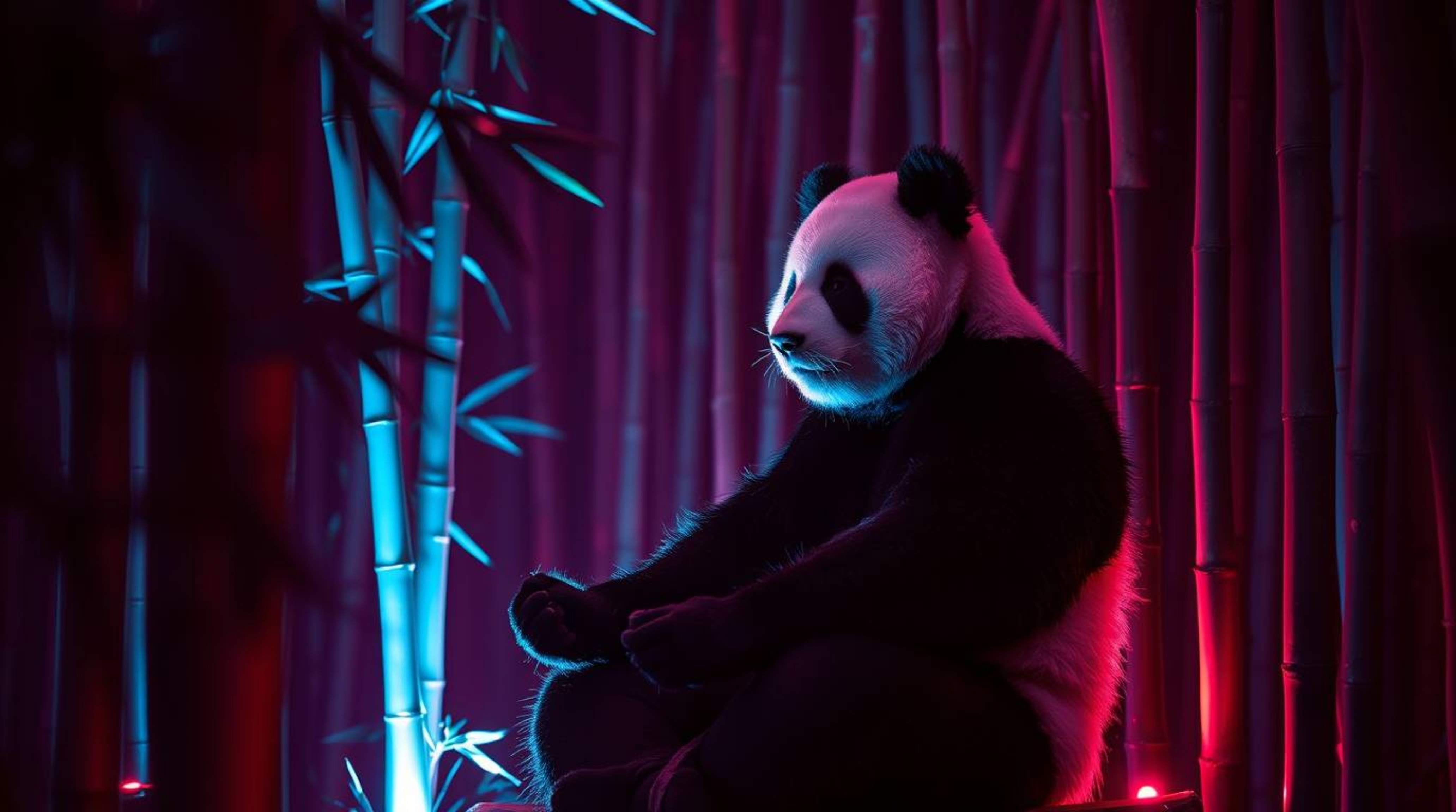 This image portrays a creatively lit scene of a martial artist panda peacefully meditating within a lush bamboo forest. The a