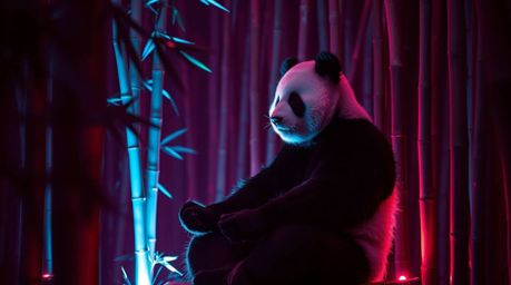This image portrays a creatively lit scene of a martial artist panda peacefully meditating within a lush bamboo forest. The a