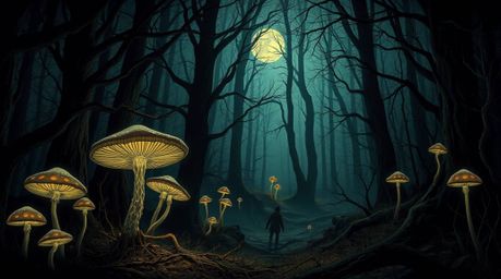 Discover a captivating vintage-style illustration of an eerie enchanted forest.  Glowing mushrooms illuminate the scene, cast