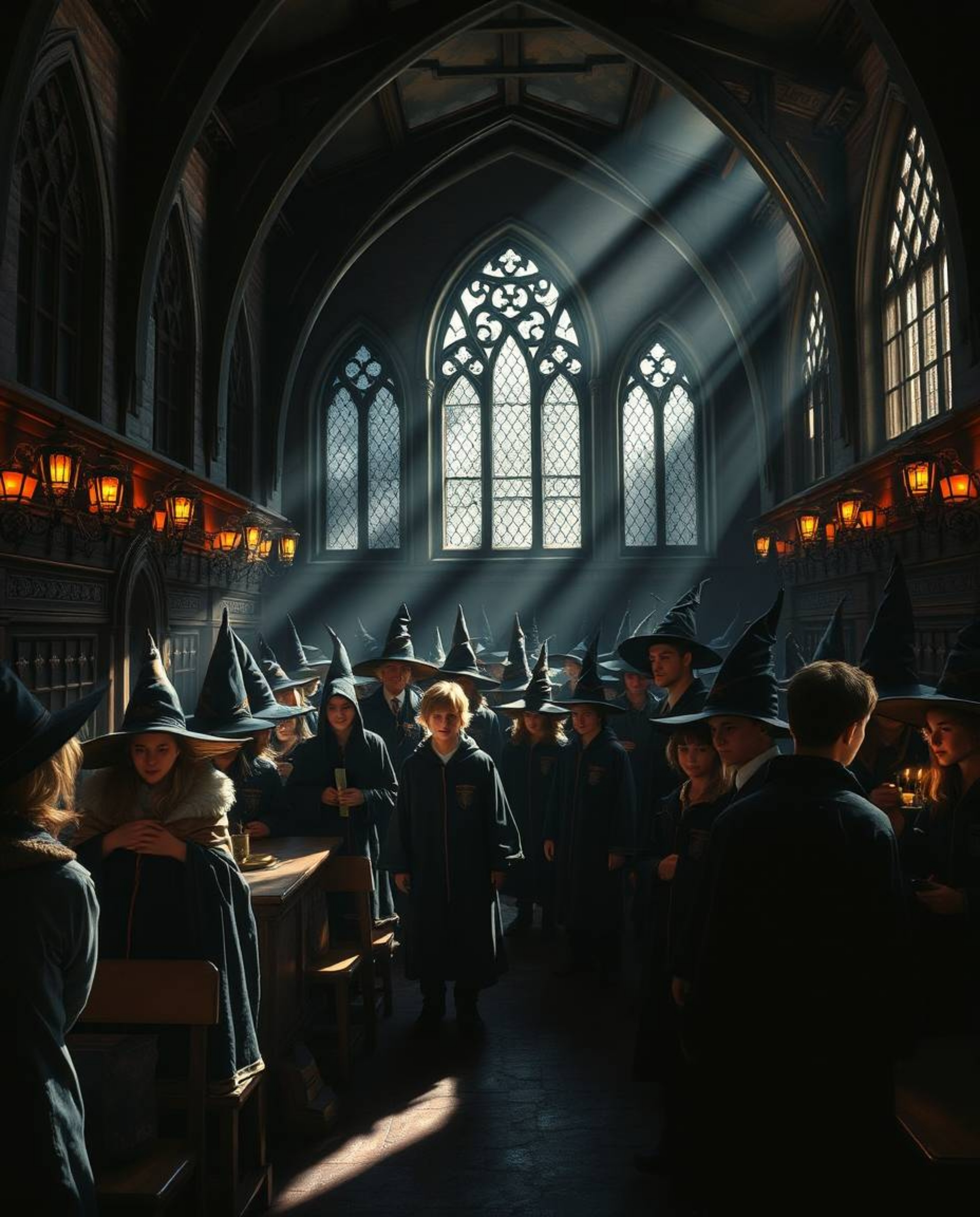 Explore a captivating magical school teeming with young wizards, brought to life with stunning chiaroscuro lighting.  The sce