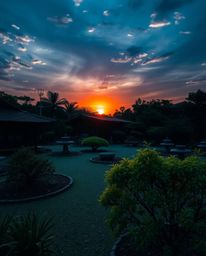 Witness a dramatic sunset over a serene Zen garden, illuminated by intense, cool-colored lighting. This striking scene is cha