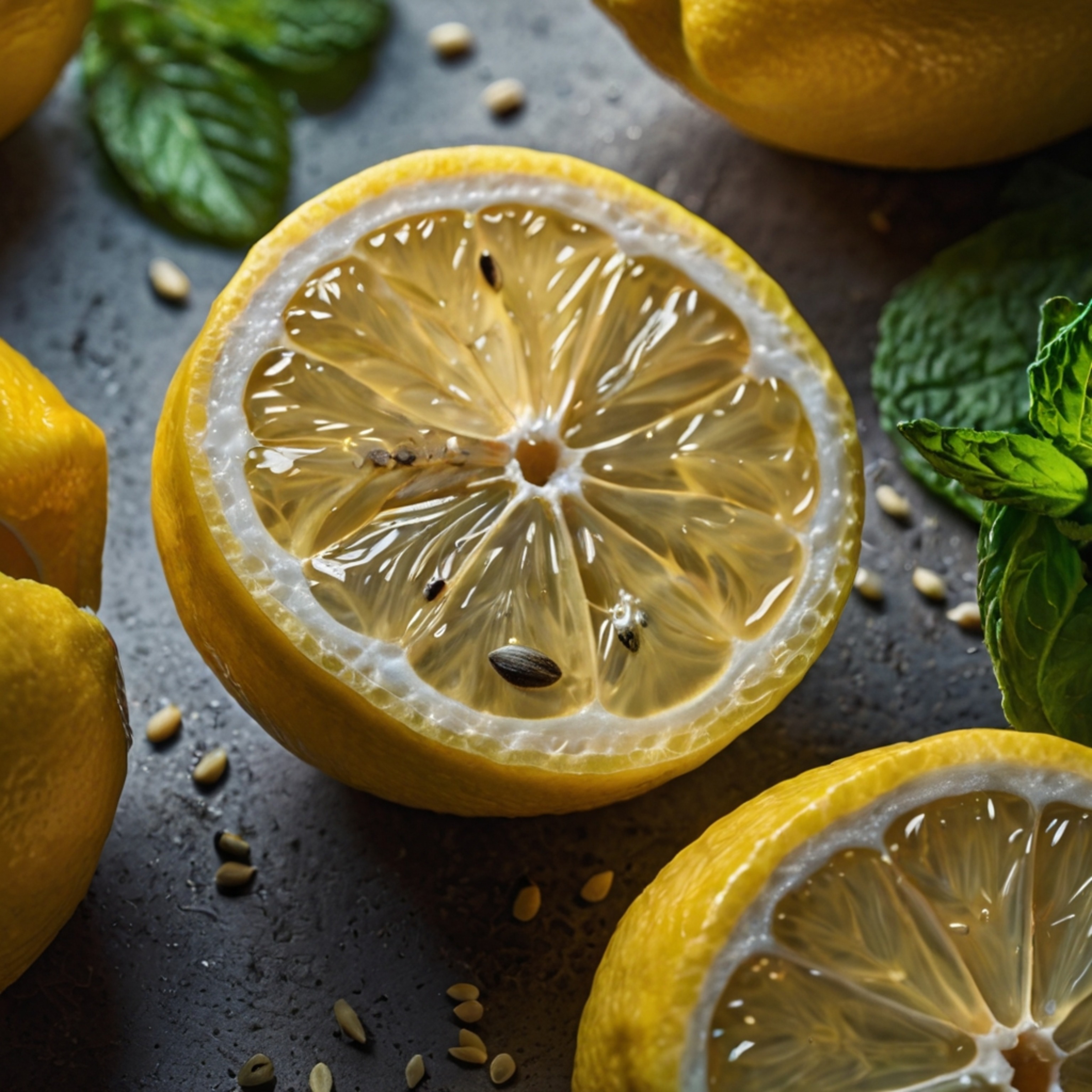 A vibrant close-up showcases the beauty of a freshly sliced lemon, its juicy segments and visible seeds captured in sharp det
