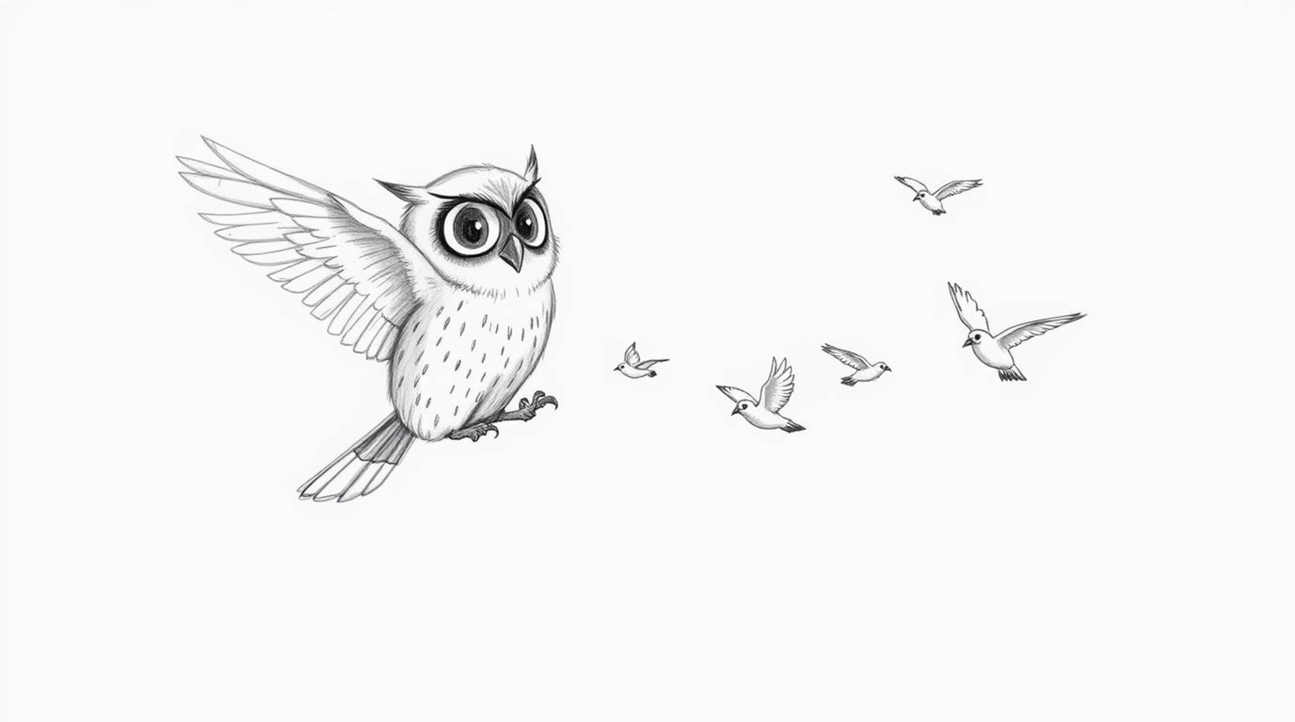 A heartwarming hand-drawn sketch in Pixar style depicts a blind owl patiently guiding several small birds in flight. The imag