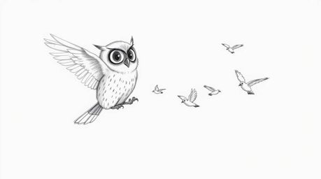 A heartwarming hand-drawn sketch in Pixar style depicts a blind owl patiently guiding several small birds in flight. The imag