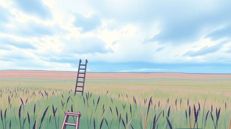 A minimalist scene depicts a silver ladder standing alone in an open field beneath a wide, cloudy sky, rendered in a cool col
