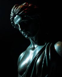 This captivating artwork showcases a cast bronze classical sculpture dramatically illuminated with high contrast, low-key lig