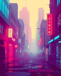 A captivating pixelated glitch art image depicts a cyberpunk street bathed in a neon haze of rich burgundy and deep blue colo