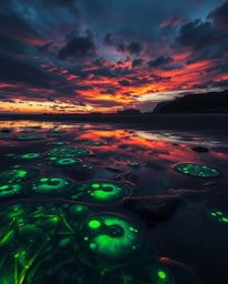 An eerie and creepy image captures a sunset sky mirrored in tidal pools on a beach. This piece is defined by its dark tones a