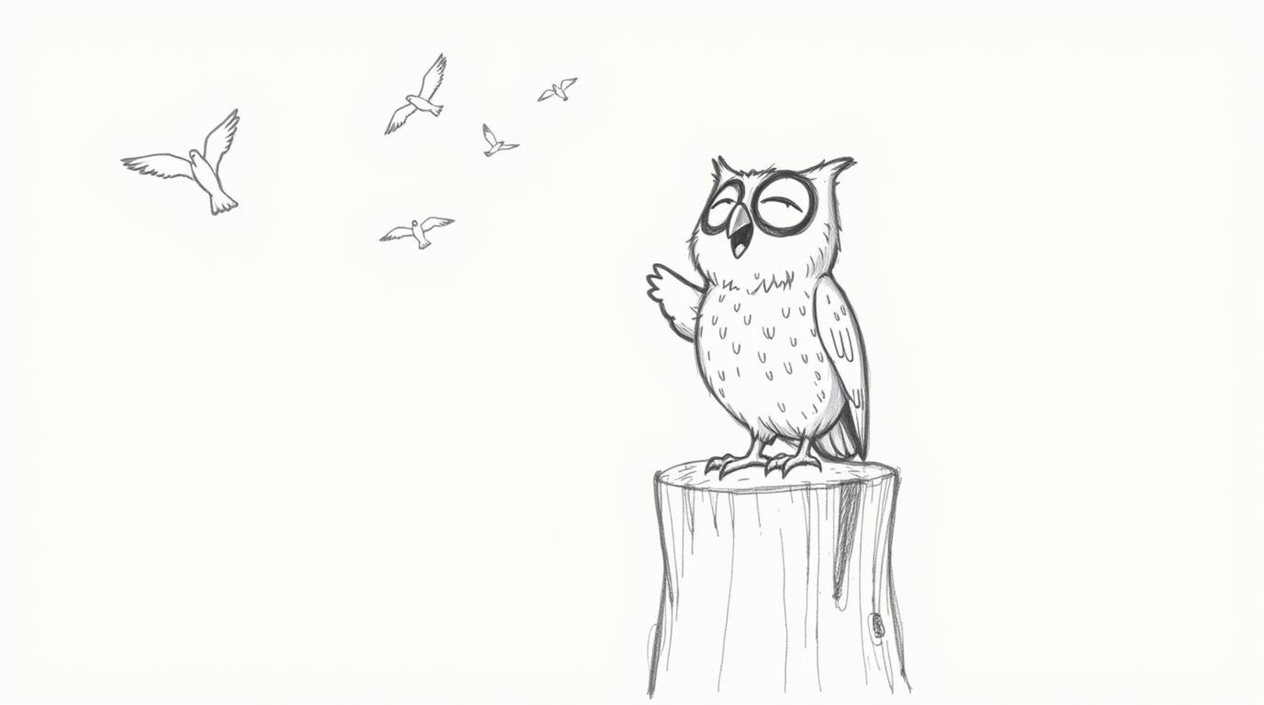 A heartwarming hand-drawn sketch in the style of Pixar depicts a joyful, blind owl perched on a tree stump, cheering as birds