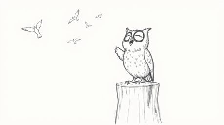 A heartwarming hand-drawn sketch in the style of Pixar depicts a joyful, blind owl perched on a tree stump, cheering as birds