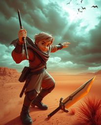 Embark on a thrilling desert adventure with a brave, Disney-esque hero.  Experience surreal infrared tones, dramatic stormy s