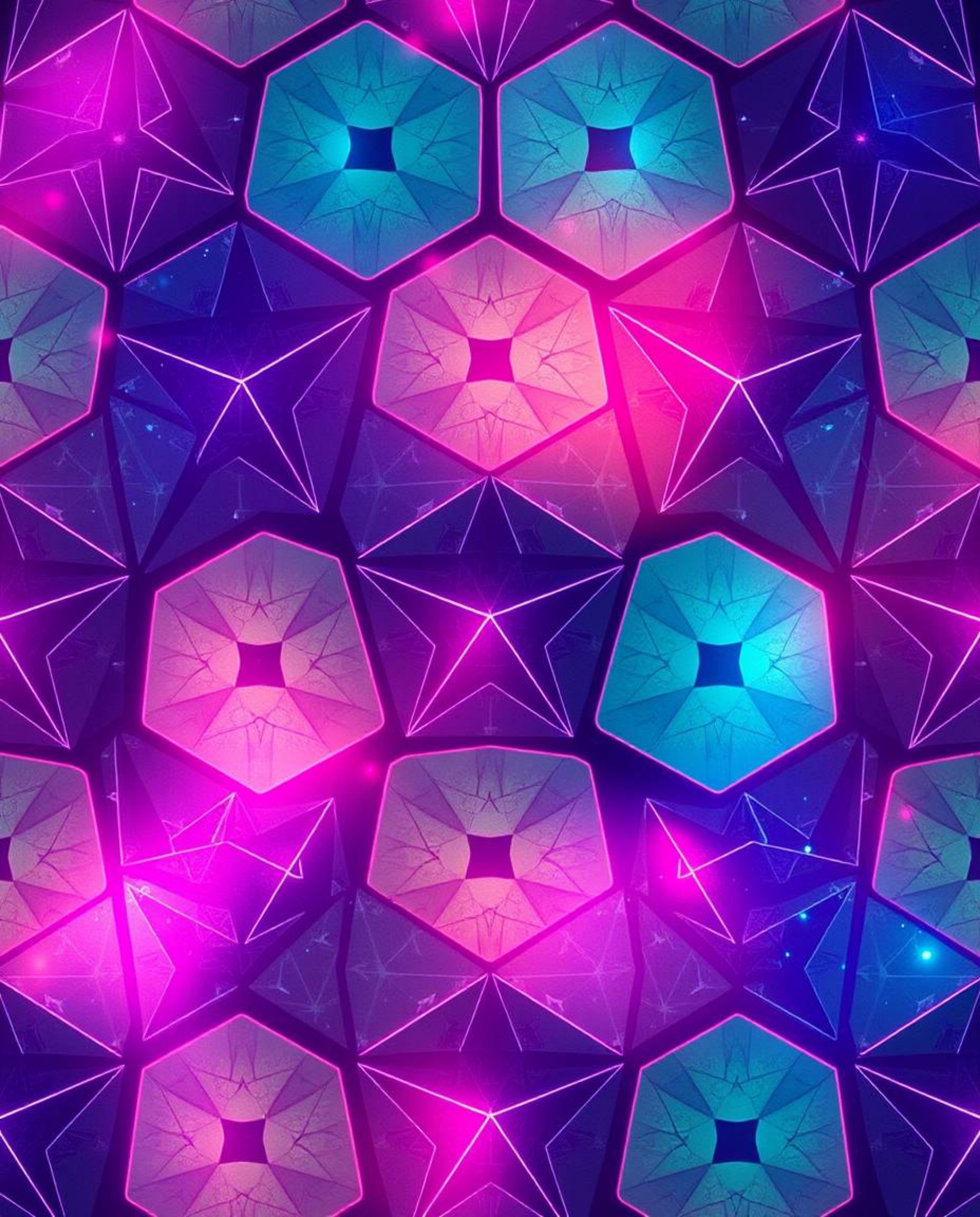 A mesmerizing seamless geometric pattern featuring hexagons and triangles in a vibrant neon color palette.  Rendered in a fut