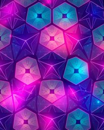 A mesmerizing seamless geometric pattern featuring hexagons and triangles in a vibrant neon color palette.  Rendered in a fut