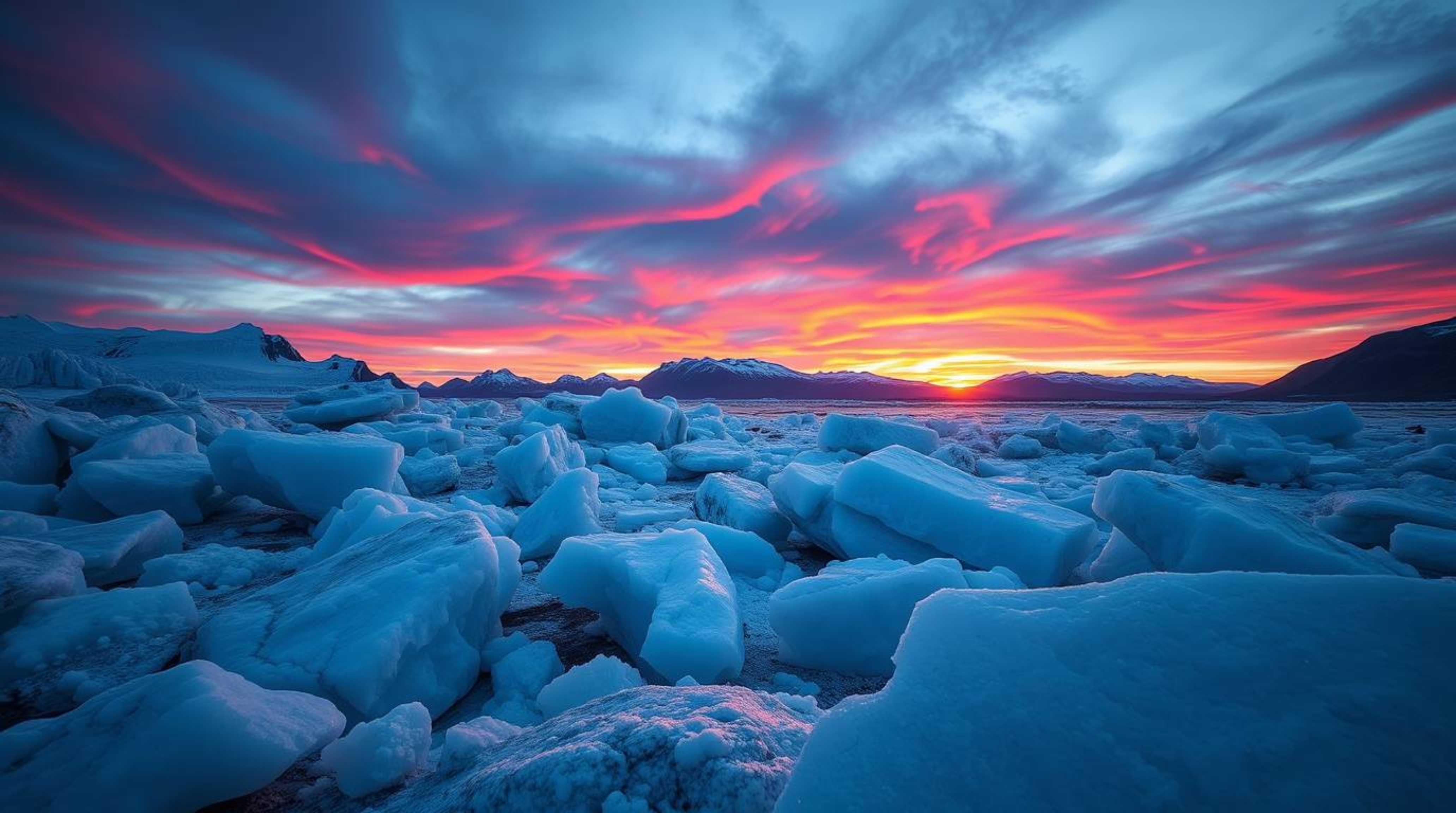 Experience the breathtaking beauty of a sunset over icy polar glaciers captured in a precise architectural color photograph. 