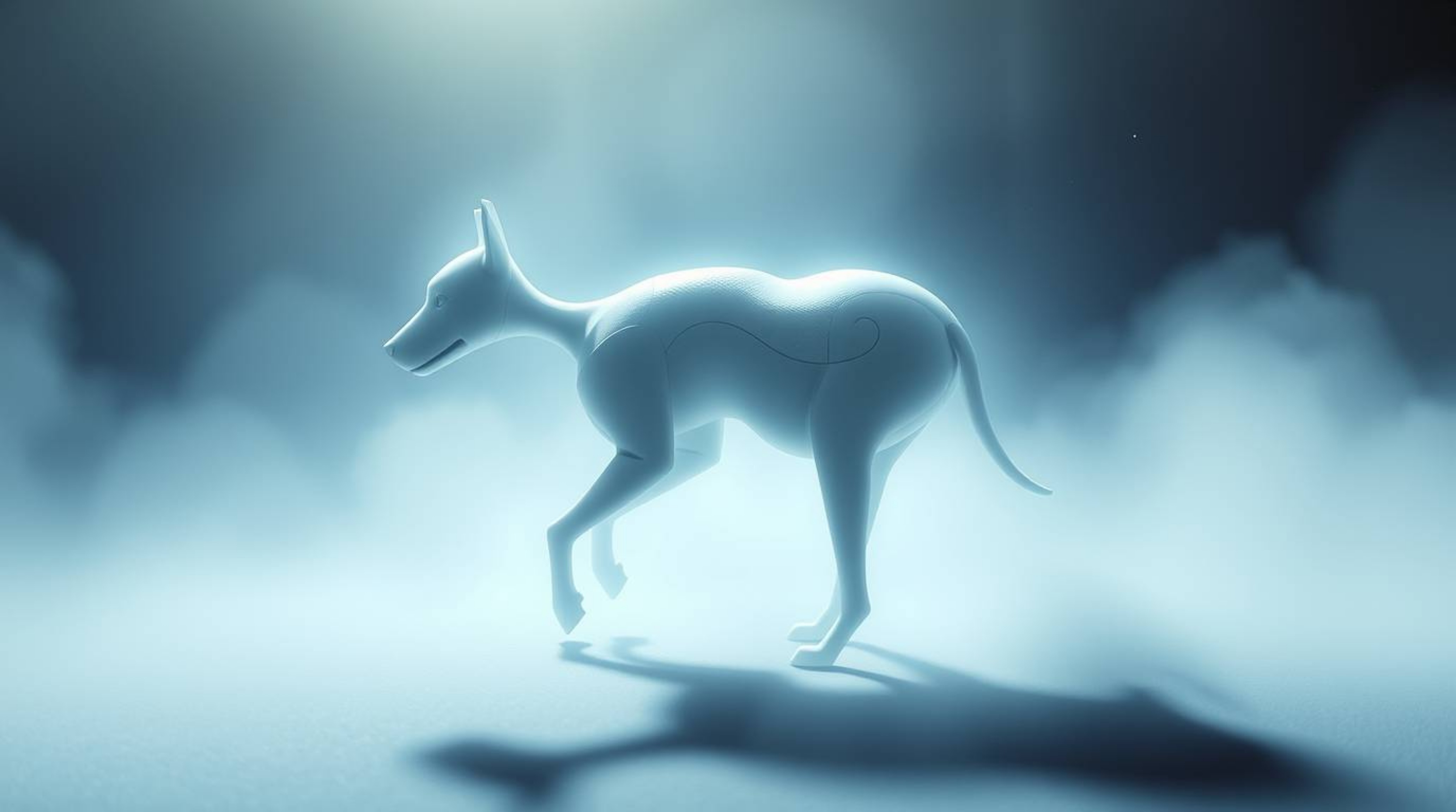 Witness a breathtaking sight of a futuristic dog autonomously traversing the cosmos, emitting a soft, ethereal glow.  Envelop