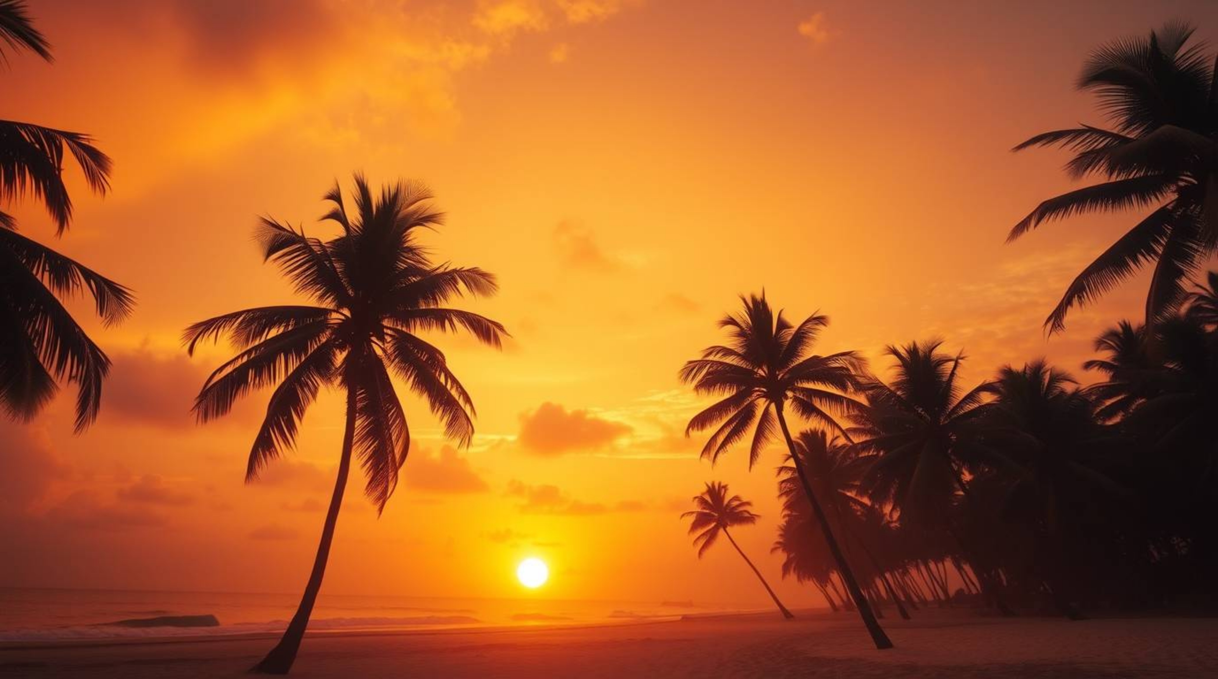 Experience the magic of a tropical beach sunset, where palm trees gently sway in a soft, hazy light, painting the sky with el