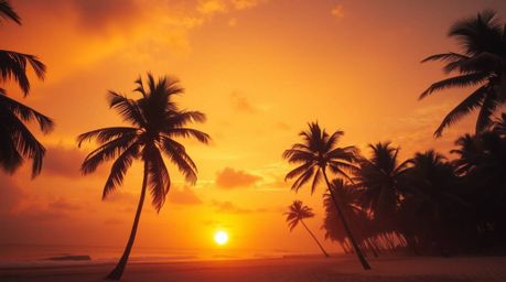 Experience the magic of a tropical beach sunset, where palm trees gently sway in a soft, hazy light, painting the sky with el