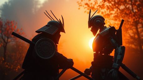 A breathtaking visual depicting a samurai engaging in a dramatic battle against a robot within a dystopian world.  The scene 