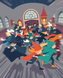Discover a vibrant and minimalist illustration of a magical school bustling with young wizards in dynamic motion.  This moder