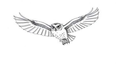A heartwarming hand-drawn sketch in the style of Pixar portrays a blind owl, its soft pencil strokes emphasizing texture and 