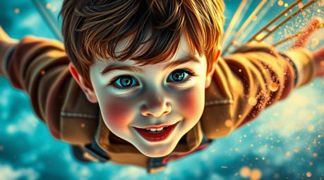 A captivating image of a young boy with rosy cheeks and bright eyes, soaring above the vibrant cityscape of London, sprinkled