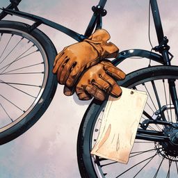 A captivating image showcasing a pair of leather gloves resting beside a vintage bicycle, subtly enhanced by a delicate fog i