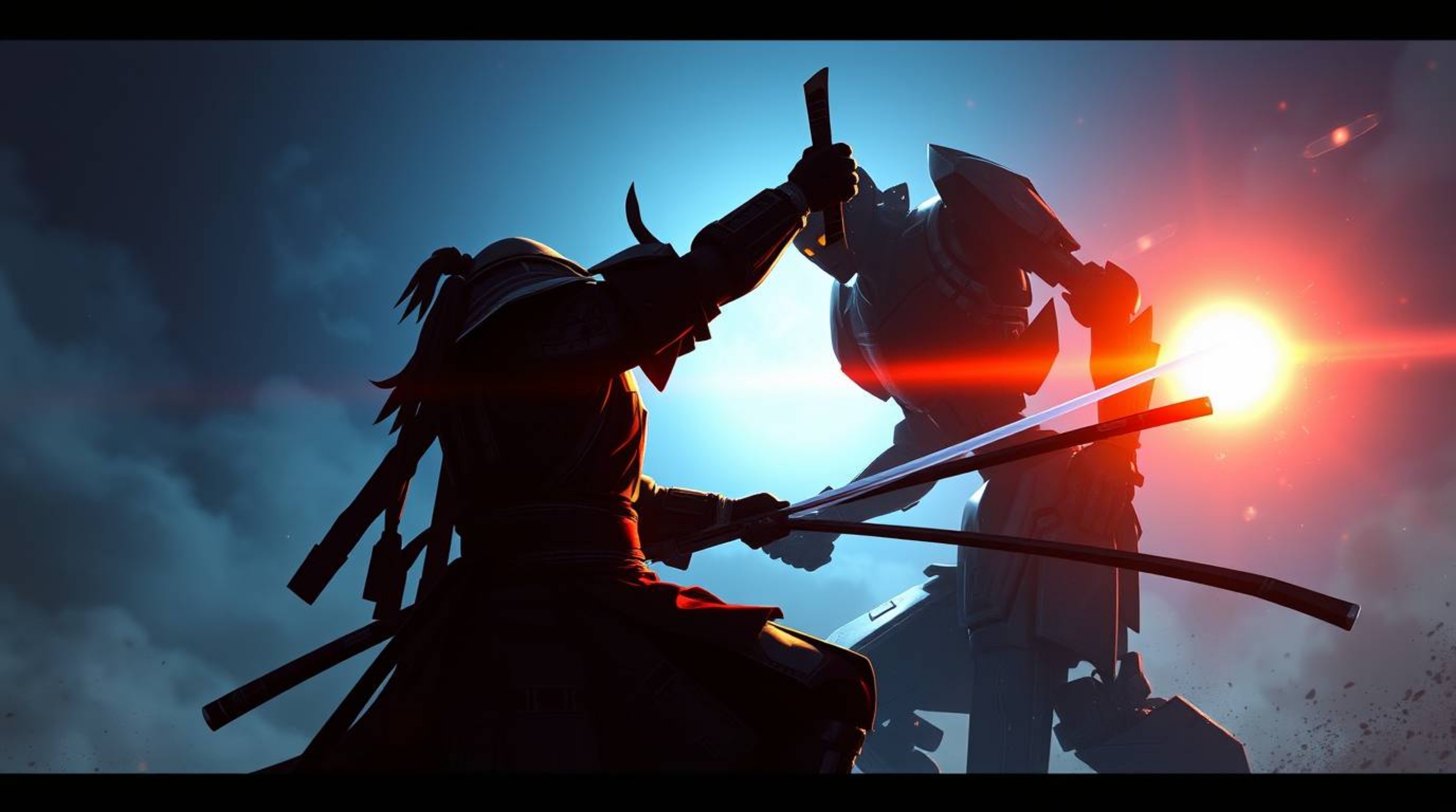 A captivating digital painting depicts a fierce battle between a samurai and a robot in a dystopian world.  Silhouetted again