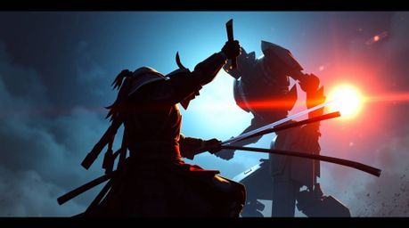 A captivating digital painting depicts a fierce battle between a samurai and a robot in a dystopian world.  Silhouetted again