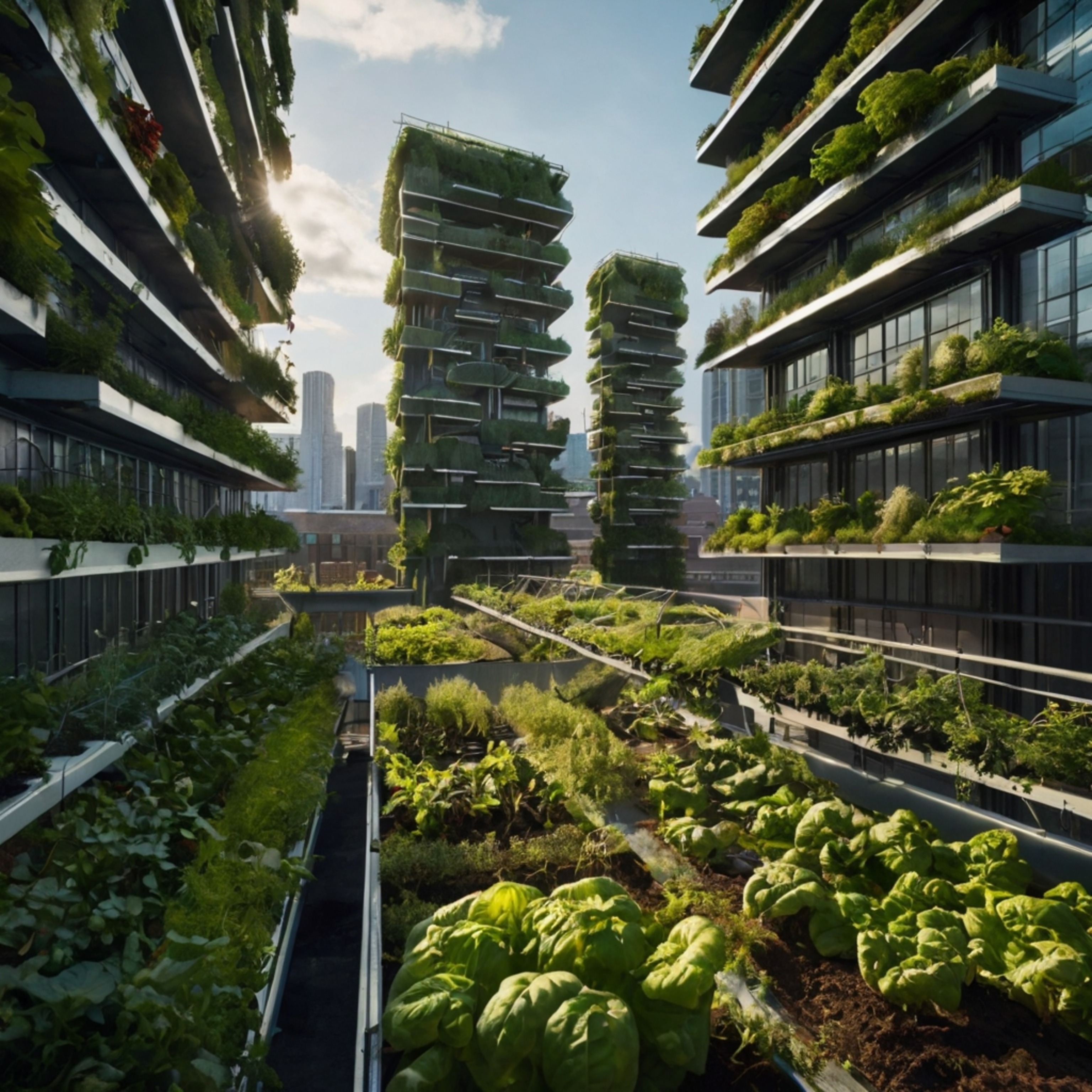 Explore the concept of a futuristic urban garden featuring innovative solutions like vertical farms, green rooftops, and sola