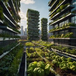 Explore the concept of a futuristic urban garden featuring innovative solutions like vertical farms, green rooftops, and sola
