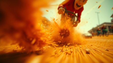 This image features an extreme macro close-up with warm tones, depicting a dynamic chase scene.  Exaggerated squash and stret