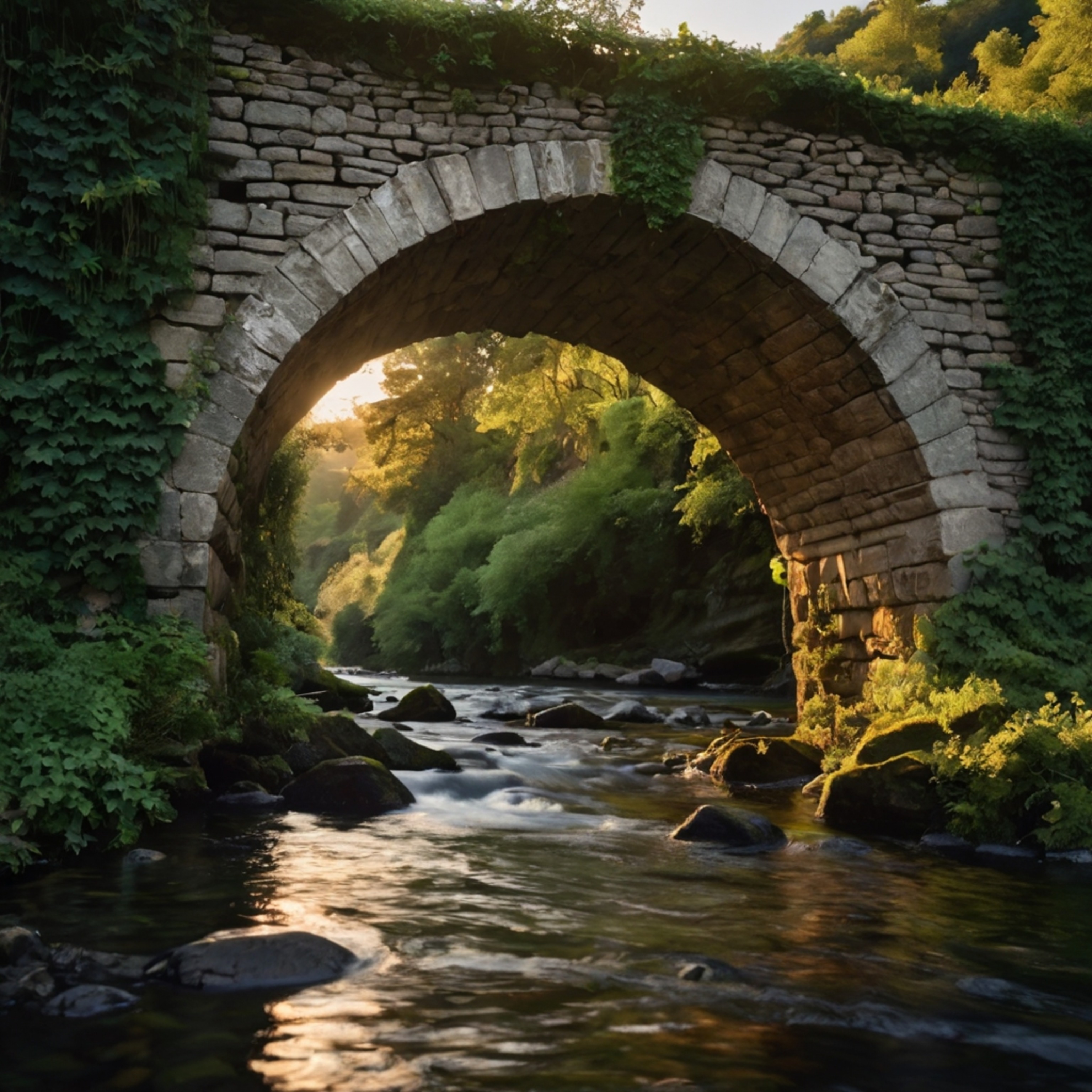 Witness the breathtaking beauty of an ancient bridge, its stone walls adorned with lush ivy, gracefully arching over a serene