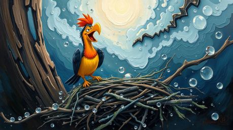 A vibrant acrylic painting depicting two cartoon birds building a nest amidst a dramatic, stormy sky. Rendered in a classic