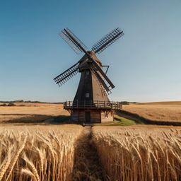 A picturesque scene featuring a traditional wooden windmill silhouetted against a clear blue sky, perfectly complemented by t