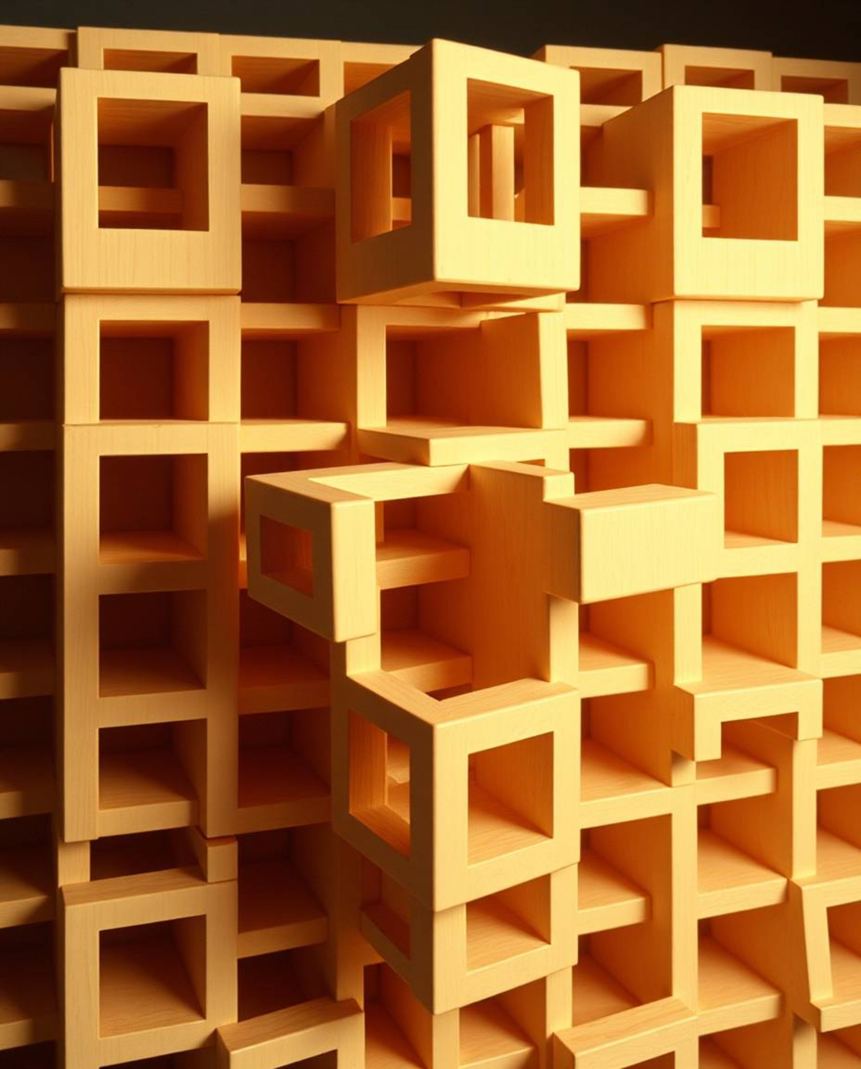An unusual and original photograph depicts a repetitive cube pattern in Escher-style impossible geometry. Soft pastel colors